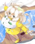  1girl after_rain ahoge animal_ear_fluff animal_ears blush boots breasts commentary_request full_body grey_eyes highres huge_breasts japari_symbol kemono_friends kemono_friends_3 lets0020 lion_ears lion_girl lion_tail long_hair medium_bangs open_mouth outstretched_arms path puddle raglan_sleeves rubber_boots shirt skirt smile snow solo spread_arms tail walking water white_hair white_lion_(kemono_friends) white_shirt yellow_footwear yellow_skirt yellow_sleeves 