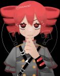  !? 1girl black_background buttons closed_mouth double-breasted drill_hair grey_jacket hand_on_own_chin hand_up jacket kasane_teto kasane_teto_(sv) long_sleeves looking_at_viewer neko_(am_me_m3) red_eyes red_hair shoulder_belt solo sparkle straight-on synthesizer_v twin_drills twitter_username upper_body utau watermark 