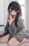  1girl bed black_choker black_hair blue_eyes choker commentary cup curtains highres holding holding_cup indoors jewelry kudou_(sikisiki0000) long_hair looking_at_viewer necklace on_bed original pillow solo sweat thighs twitter_username window 