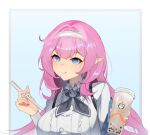  1girl black_bow black_bowtie blue_background blue_eyes bow bowtie breasts bubble_tea commentary_request cup drinking_straw elf elysia_(coco)_(honkai_impact) elysia_(honkai_impact) elysia_(miss_pink_elf)_(honkai_impact) hair_between_eyes headband highres holding holding_cup holding_drinking_straw honkai_(series) honkai_impact_3rd large_breasts long_hair looking_at_viewer pink_hair pink_pupils pointy_ears shirt smile solo tongue tongue_out upper_body very_long_hair white_headband white_shirt yuan_zhen_(user_pnhx4422) 