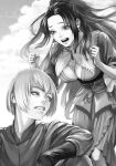  1boy 1girl arm_on_knee breasts cleavage_cutout clenched_hands clothing_cutout cloud cloudy_sky dress fata_morgana_no_yakata frown greyscale highres javi_(fata_morgana_no_yakata) leaning_forward long_hair looking_at_another medium_breasts monochrome moyatarou non-web_source novel_illustration official_art open_mouth pauline_asama ponytail short_hair sitting sky 