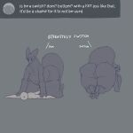  1:1 2024 4_fingers all_fours ambiguous/ambiguous ambiguous_gender ambiguous_species anthro anthro_on_anthro big_butt big_ears big_tail biped black_butt black_ears black_tail butt digitigrade dimitry_(itisd) dimka_(itisd) dominant duo english_text featureless_crotch fingers grey_background hi_res itisd9 kneeling looking_back lying male_(lore) navel on_back pinned pinned_to_ground presenting presenting_hindquarters profanity q&amp;a raised_tail simple_background size_difference submissive tail text thick_thighs tuft wide_hips 