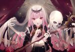  bones breasts cape cleavage headdress hololive long_hair mori_calliope pink_hair red_eyes scythe see_through skull weapon yukisame 