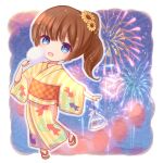  1girl aerial_fireworks bag bagged_fish blue_eyes brown_hair chibi cotton_candy fireworks fish flower food full_body hair_flower hair_ornament highres holding holding_food japanese_clothes kimono long_hair long_sleeves open_mouth original ponytail smile solo temari_latte wide_sleeves yukata 