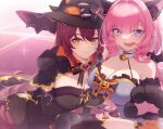  2girls animal_ears animal_hands bell black_dress blue_eyes breasts cleavage dress eden_(honkai_impact) elf elysia_(honkai_impact) elysia_(miss_pink_elf)_(honkai_impact) fake_animal_ears fang hair_between_eyes halloween_costume hat highres honkai_(series) honkai_impact_3rd large_breasts ling_huanxiang long_hair looking_at_viewer multiple_girls neck_bell on_ground open_mouth pink_pupils pointy_ears red_hair thighs witch_hat yellow_eyes 