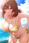  1girl absurdres armpits bare_arms bare_shoulders bikini blue_sky blurry blurry_background blush breasts brown_eyes brown_hair cleavage cloud cloudy_sky commentary_request day front-tie_bikini_top front-tie_top gakuen_idolmaster hair_between_eyes hair_bun hanami_ume hand_on_own_hip highres idolmaster large_breasts leaning_forward looking_at_viewer medium_hair ni_tamago_sando open_mouth outdoors side-tie_bikini_bottom single_hair_bun sky smile solo swimsuit yellow_bikini 