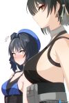  2girls absurdres bare_shoulders black_hair blush breast_awe breasts colored_inner_hair female_rover_(wuthering_waves) from_side girl_staring_at_guy&#039;s_chest_(meme) hair_ornament highres long_hair looking_at_breasts meme multicolored_hair multiple_girls rover_(wuthering_waves) starflake_(starclusteriu) staring sweat two-tone_hair wide-eyed wuthering_waves yellow_eyes 