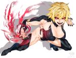  1girl black_sclera blonde_hair breasts colored_sclera commission dated drop_shadow fighting_stance full_body high_heels highres large_breasts looking_at_viewer magic muscular muscular_female open_mouth original red_eyes revealing_clothes shin_(ultramarine430) short_hair signature skeb_commission slit_pupils solo teeth very_short_hair white_background 