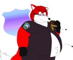  2019 5_fingers alpha_channel anthro ashleywolf259 badge belly big_belly black_clothing black_gloves black_handwear black_nose bottomwear brandon_adam_ambrose button_(fastener) button_pop canid canine clothing dessert digital_drawing_(artwork) digital_media_(artwork) dipstick_tail doughnut eyewear facial_scar fingers firefighter flat_colors fluffy fluffy_tail food fox fur glasses gloves hair handwear hi_res holding_donut holding_food holding_object looking_at_belly looking_at_self male mammal markings mature_male medium_hair moobs multicolored_body multicolored_fur multicolored_tail navel notched_ear obese obese_anthro obese_male overweight overweight_anthro overweight_male pants pastry rectangular_glasses red_body red_bottomwear red_clothing red_dress_shirt red_eyes red_fur red_hair red_pants scar simple_background solo tail tail_markings thick_thighs transparent_background wardrobe_malfunction weight_gain white_body white_fur white_inner_ear white_tail_tip wide_hips worried 