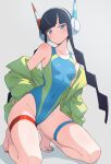  1girl barefoot black_hair blue_eyes blue_nails blue_one-piece_swimsuit breasts closed_mouth collarbone elesa_(pokemon) full_body groin hand_on_own_hip headphones highleg highleg_swimsuit highres jacket kamidan nail_polish off_shoulder one-piece_swimsuit pokemon pokemon_bw2 red_nails skindentation small_breasts solo swimsuit thigh_strap thighs tiptoes toenail_polish toenails yellow_jacket 