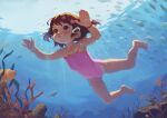  1girl alkemanubis animal barefoot brown_eyes brown_hair closed_mouth coral coral_reef fish flat_chest full_body highres navel one-piece_swimsuit original pink_one-piece_swimsuit short_hair summer swimming swimsuit toes underwater 