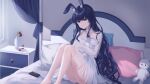  animal animal_ears bed black_hair blue_eyes bunny bunny_ears crying dress flowers long_hair petals phone rabbit rose sarin_(seoling) see_through tears 