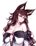  1girl animal_ears breasts brooch brown_hair collarbone dress highres imaizumi_kagerou jewelry large_breasts long_hair long_sleeves looking_at_viewer open_mouth raptor7 red_eyes simple_background solo touhou upper_body white_background white_dress wide_sleeves wolf_ears 