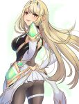  1girl arm_guards ass back bare_shoulders black_pantyhose blonde_hair breasts chest_jewel dress drop_earrings earrings elbow_gloves from_behind gloves hands_on_own_hips highres jewelry large_breasts long_hair microdress mythra_(massive_melee)_(xenoblade) mythra_(xenoblade) pantyhose parted_lips solo swept_bangs thigh_strap tiara very_long_hair white_background white_dress white_gloves xenoblade_chronicles_(series) xenoblade_chronicles_2 yaizaberry yellow_eyes 