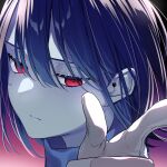  1other absurdres androgynous black_background blue_hair blue_skin closed_mouth colored_skin commentary_request deltarune etou_yona expressionless finger_gun gloves gradient_background hair_between_eyes high_collar highres kris_(deltarune) long_bangs looking_at_viewer pink_background portrait purple_background red_eyes short_hair sidelocks white_gloves 