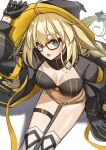  1girl :o absurdres aesc_(9th_anniversary)_(fate) aesc_(fate) ahoge belt belt_buckle bikini bikini_top_only black_bikini black_bow black_gloves black_hat black_jacket bow braided_twintails breasts buckle cleavage commentary_request fate/grand_order fate_(series) glasses gloves hair_between_eyes hair_bow hat highres hiyoko_no_tamago jacket long_hair long_sleeves looking_at_viewer medium_breasts micro_shorts midriff navel official_alternate_costume open_clothes open_jacket red-framed_eyewear shadow shorts simple_background sitting solo stomach swimsuit twintails very_long_hair white_background white_shorts witch_hat yellow_belt 