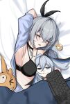  2girls armpits bags_under_eyes bed between_breasts black_bra blue_pajamas bra breasts bronya_zaychik closed_mouth doll from_above grey_hair hair_between_eyes half-closed_eyes highres homu_(honkai_impact) honkai_(series) honkai_impact_3rd kamishiro_noa keyboard_(computer) multiple_girls open_mouth pajamas project_bunny saliva sleeping small_breasts underwear 