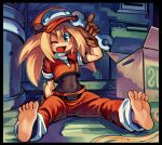  1girl absurdres alternate_universe barefoot black_bodysuit blonde_hair bodysuit bodysuit_under_clothes box brown_gloves gloves green_eyes hat highres holding holding_wrench mega_man_(series) mega_man_legends_(series) mogy64 one_eye_closed pants red_hat red_pants red_shirt roll_caskett_(mega_man) shirt sitting soles toes wrench 