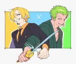  2boys absurdres blonde_hair couple crossed_weapons curly_eyebrows facial_hair fork goatee green_hair grin hair_over_one_eye highres holding holding_fork holding_sword holding_weapon locked_arms looking_to_the_side male_focus multiple_boys one_piece roronoa_zoro sanji_(one_piece) scar scar_across_eye short_hair smile sword three-toned_background tm_one weapon 