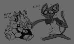  2020 animal_crossing anthro big_ears biped black_text bottomless bottomless_anthro bottomless_female bottomless_male character_request clothed clothing comic comic_panel domestic_cat duo english_text fan_character featureless_hands felid feline felis female female_anthro fur grey_background greyscale male male_anthro mammal monochrome nintendo partially_clothed partially_clothed_anthro partially_clothed_female partially_clothed_male paws pinkybowtie simple_background standing tail tanuki_leaf text toon_michaela 