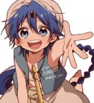  1boy aladdin_(magi) arabian_clothes armpits baggy_pants blue_eyes blue_hair braid child commentary_request easy-0426 flute hair_between_eyes hair_ornament hat instrument long_hair looking_at_viewer magi_the_labyrinth_of_magic male_focus open_mouth outstretched_arms pants simple_background single_braid sleeveless smile solo turban upper_body very_long_hair white_background 