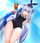  1girl ass_visible_through_thighs blue_eyes blue_one-piece_swimsuit breasts brown_dust brown_dust_2 closed_mouth covered_navel elf eyebrows_hidden_by_hair feet_out_of_frame food fried_squid from_below grey_hair hair_between_eyes hair_tie heterochromia highres holding holding_skewer holding_swim_ring ice_cream lens_flare light_blush long_hair looking_down one-piece_swimsuit pointy_ears red_eyes refithea_(brown_dust) school_swimsuit skewer small_breasts solo star-shaped_pupils star_(symbol) swim_ring swimsuit symbol-shaped_pupils thick_thighs thighs twing_glutti twintails user_tytw7338 very_long_hair wavy_mouth wet wet_clothes 