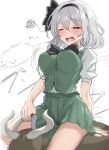  1girl absurdres arm_support black_bow black_bowtie black_hairband black_ribbon blush bob_cut bouncing_breasts bow bowtie breasts closed_eyes collared_shirt commentary dress_shirt embarrassed feet_out_of_frame green_skirt green_vest grey_hair hair_bow hair_ribbon hairband hand_on_handle highres implied_masturbation konpaku_youmu masturbation mechanical_bull medium_breasts motion_blur motion_lines open_mouth paid_reward_available pleated_skirt puffy_short_sleeves puffy_sleeves ribbon riding rodeo sexually_suggestive shirt short_hair short_sleeves sitting skirt solo squiggle stealth_masturbation straddling touhou translated vest white_background white_shirt youmu-kun 