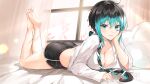  aqua_eyes aqua_hair ass barefoot bed braids breasts cleavage lillly long_hair original ponytail shorts 