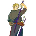  1boy acgn0621 cowboy_shot fighting_stance from_side green_hair highres holding holding_sword holding_weapon japanese_clothes kimono looking_back male_focus one_piece ready_to_draw roronoa_zoro scar scar_across_eye short_hair smile solo standing sword weapon 