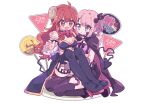  2girls aeruusa blush bow breasts cape chiyoda_momo cleavage demon elbow_gloves fang gloves green_eyes horns long_hair machikado_mazoku pink_hair ponytail red_eyes red_hair short_hair shoujo_ai tail thighhighs white yoshida_yuuko 