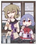  3girls absurdres bat_wings black_wings blue_hair blush cirno collarbone commentary cup dress fumo_(doll) gift_art hair_between_eyes highres holding holding_cup holding_toothbrush kame_(kamepan44231) light_brown_hair multiple_girls open_mouth pointy_hair purple_skirt red_eyes remilia_scarlet shirt short_hair skirt sleeveless sleeveless_shirt toothbrush touhou toyosatomimi_no_miko white_dress white_shirt wings yellow_eyes 