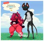  2020 animal_crossing anthro big_ears biped black_body black_fur blue_text bottomless bottomless_anthro bottomless_female bottomless_male bow_tie character_name character_request clothed clothing dated day dialogue digital_drawing_(artwork) digital_media_(artwork) domestic_cat duo fan_character felid feline felis female female_anthro fur grey_text male male_anthro mammal naturally_censored nickname nintendo outside partially_clothed partially_clothed_anthro partially_clothed_female partially_clothed_male paws pink_bow_tie pinkybowtie signature slightly_chubby slightly_chubby_anthro slightly_chubby_female slim slim_anthro slim_male speech_bubble standing talking_to_another text toon_michaela white_text yellow_text 