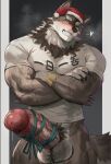  2023 abs absurd_res anthro barazoku biceps big_penis biped blue_eyes blush bodily_fluids bottomless bottomless_anthro bottomless_male brown_body brown_fur canid canine canis christmas christmas_clothing christmas_headwear clothed clothing countershade_fur countershading erection fur genital_fluids genitals glans hat headgear headwear heart_symbol hi_res holidays huge_penis humanoid_genitalia humanoid_penis leaking_precum looking_at_viewer male mammal muscular muscular_anthro muscular_male pecs penis precum santa_hat satogaku shirt shirt_only smile solo standing topwear topwear_only vein veiny_penis white_body white_clothing white_countershading white_shirt white_topwear wolf 