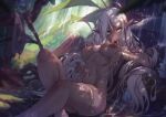  blush breasts dark_skin forest gray_eyes long_hair mitsu_(mitsu_art) nipples nude original pointed_ears shade staff tattoo tree water waterfall watermark white_hair 