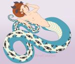  anthro apode blue_body blue_scales breasts draconcopode female feralcatalyst hair hi_res horn lamia legless nude orange_eyes pinup pose red_hair reptile scales scalie serpentine slim small_breasts snake solo split_form white_body 