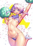  1girl absurdres arm_up armpits blush breasts cheering cheerleader hair_ornament hairclip highres holding holding_pom_poms looking_at_viewer navel nicchi open_mouth pom_pom_(cheerleading) purple_eyes purple_hair short_hair_with_long_locks small_breasts smile solo sweat voiceroid yuzuki_yukari 