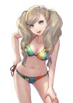  1girl :d absurdres aqua_bikini bikini blonde_hair blue_eyes breasts collarbone earrings hair_ornament hairclip hand_on_own_hip highres jewelry leaning_forward long_hair looking_at_viewer medium_breasts navel open_mouth persona persona_5 siblings simple_background smile solo stomach stud_earrings swimsuit takamaki_anne twins twintails white_background xesxus 