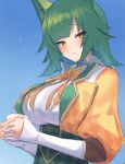  1girl animal_ears argyle_clothes bow bowtie breasts corset cropped_jacket cup fox_ears green_corset green_hair hair_flaps highres hlsn_dglaq3g holding holding_cup jacket kitakoji_hisui kitakoji_hisui_(3rd_costume) large_breasts light_smile long_sleeves looking_at_viewer medium_hair mug multicolored_clothes multicolored_jacket nijisanji orange_bow orange_bowtie orange_jacket puffy_long_sleeves puffy_sleeves shirt sleeves_past_wrists solo two-tone_jacket upper_body virtual_youtuber white_shirt white_sleeves yellow_eyes yellow_jacket 