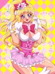  1girl :d annon_(wtvt) blonde_hair blush boots bow bowtie bracelet breasts checkered checkered_background cowboy_shot cure_miracle dress eyebrows_visible_through_hair gloves hair_bow hairband hands_up hat heart jewelry large_breasts long_hair looking_at_viewer mahou_girls_precure! mini_hat open_mouth pink_background pink_bow pink_bowtie pink_dress pink_hairband pink_headwear precure purple_eyes short_sleeves smile solo two-tone_background white_footwear white_gloves yellow_background 