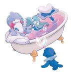  anzu_(01010611) bath bathtub blowing_bubbles blue_eyes blue_hair blue_skin bubble closed_mouth colored_skin eyelashes full_body heart_bubbles highres long_hair looking_at_another no_humans pokemon pokemon_(creature) popplio primarina smile starfish_hair_ornament very_long_hair white_background white_eyelashes white_skin 