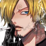  1boy a00xm black_gloves blonde_hair blue_eyes cigarette close-up commentary_request curly_eyebrows facial_hair gloves goatee highres holding holding_cigarette looking_to_the_side male_focus mustache_stubble one_piece sanji_(one_piece) short_hair simple_background smoke solo stubble white_background 