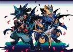  2019 3_fingers 4_fingers ambiguous_gender anthro band_style_zeraora big_ears blue_body blue_eyes blue_fur chest_spike claws clothed clothing costume_party_style_lucario duo fangs fingers fur generation_4_pokemon generation_7_pokemon guitar holding_object holowear_(pokemon) kantarou legendary_pokemon lucario musical_instrument nintendo open_mouth partially_clothed pedals plucked_string_instrument pokemon pokemon_(species) pokemon_unite red_eyes simple_background spikes spikes_(anatomy) string_instrument tan_body tan_fur teeth yellow_body yellow_fur zeraora 