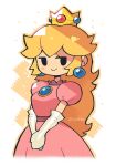  1girl absurdres black_eyes blonde_hair blush breasts commentary cropped_legs crown dress earrings elbow_gloves gloves highres jewelry long_hair mario_(series) medium_breasts paper_mario paper_mario:_the_thousand_year_door pink_dress princess_peach puffy_short_sleeves puffy_sleeves rariatto_(ganguri) short_sleeves simple_background smile smug solo symbol-only_commentary twitter_username very_long_hair white_gloves 
