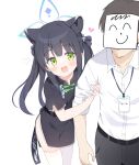  1boy 1girl :d absurdres animal_ear_fluff animal_ears arm_hug belt belt_buckle black_belt black_dress black_hair black_pants blue_archive blush buckle collared_shirt doodle_sensei_(blue_archive) dress dress_shirt green_eyes halo heart highres kujou_danbo lanyard long_hair pants sensei_(blue_archive) shirt shun_(blue_archive) shun_(small)_(blue_archive) simple_background smile thighhighs twintails very_long_hair white_background white_shirt white_thighhighs 