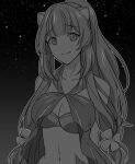  1girl akikan_ooo animal_ears arms_behind_back bare_shoulders bikini blunt_bangs breasts cleavage closed_mouth collarbone flower gradient_background greyscale hair_flower hair_ornament high_ponytail long_hair looking_at_viewer midriff monochrome navel night night_sky ponytail raccoon_ears raccoon_girl raphtalia shirt sky smile solo stomach swimsuit tate_no_yuusha_no_nariagari upper_body 