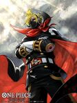  1boy bird black_jacket black_pants blonde_hair cape cloud cloudy_sky collared_cape commentary_request copyright_name cowboy_shot crossed_arms curly_eyebrows hair_over_one_eye headphones jacket male_focus neckerchief nijihayashi official_art one_piece one_piece_card_game pants red_neckerchief sanji_(one_piece) sky solo sunglasses sunlight 