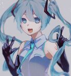  1girl aqua_eyes aqua_hair aqua_necktie aqua_trim arm_tattoo armpit_crease bare_shoulders black_gloves breasts collared_shirt commentary_request elbow_gloves gloves grey_background grey_shirt hair_between_eyes hair_ornament hand_in_own_hair hands_up hatsune_miku highres long_hair looking_at_viewer miku_day necktie number_tattoo nyafu_1924 open_mouth pointing pointing_up shirt sidelocks simple_background sleeveless sleeveless_shirt small_breasts smile solo tattoo teeth twintails upper_body upper_teeth_only vocaloid w 
