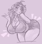  1girl bent_over body_freckles breasts collarbone earrings freckles highres jewelry large_breasts looking_at_viewer medium_hair monochrome necklace open_hand original parted_lips purple_theme short_shorts shorts sketch sketchytodd smile solo star-shaped_pupils star_(symbol) star_earrings symbol-shaped_pupils topaz_(sketchytodd) 