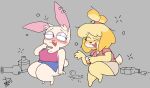  absurd_res animal_crossing anthro beverage blush bong bottomwear breasts canid canine canis clothing digital_media_(artwork) domestic_dog drugs drunk duo dydy_silva ear_piercing female fur grey_background hi_res holding_beverage holding_object isabelle_(animal_crossing) jackie_(shoobular) lagomorph leporid mammal nintendo open_mouth piercing rabbit short_stack simple_background skirt smile substance_intoxication tail tan_body tan_fur 