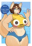  absurd_res anthro belly belly_tuft big_breasts bird_dog blush_(blushbrush) blushbrush bottomwear breasts bulge bulging_smiley_shirt_meme canid canine canis clothing curvy_figure dialogue domestic_dog emoji_clothing eyewear glasses golden_retriever gynomorph hand_on_hip hi_res hotpants huge_breasts huge_thighs hunting_dog intersex looking_at_viewer mammal muscular retriever shaded shorts simple_background simple_shading solo speech_bubble stretched_clothing thick_thighs tongue tongue_out trans_(lore) trans_woman_(lore) tuft voluptuous wolf 